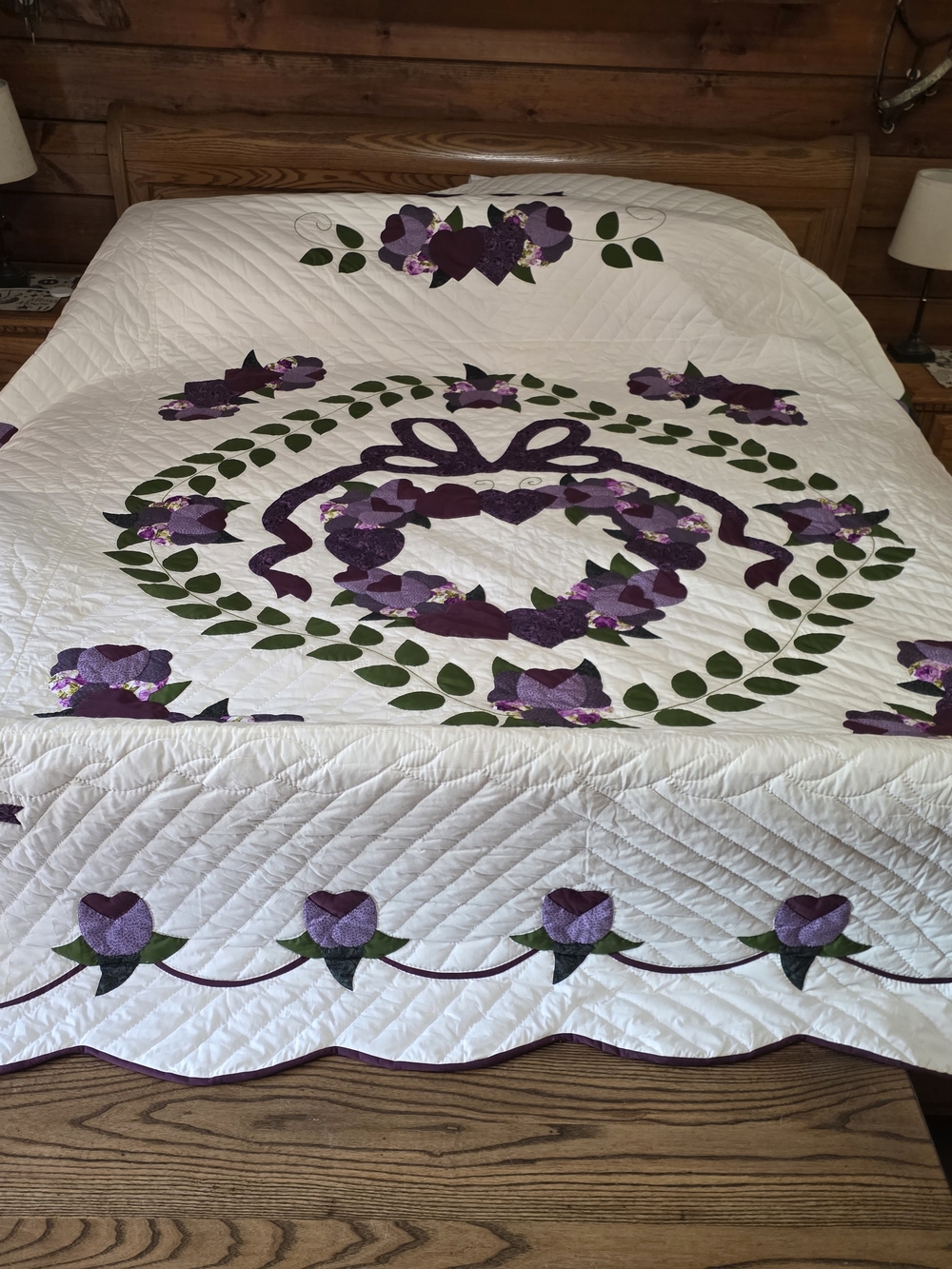 White Quilted Bedspread with Purple Floral Appliqué - Home Bedding